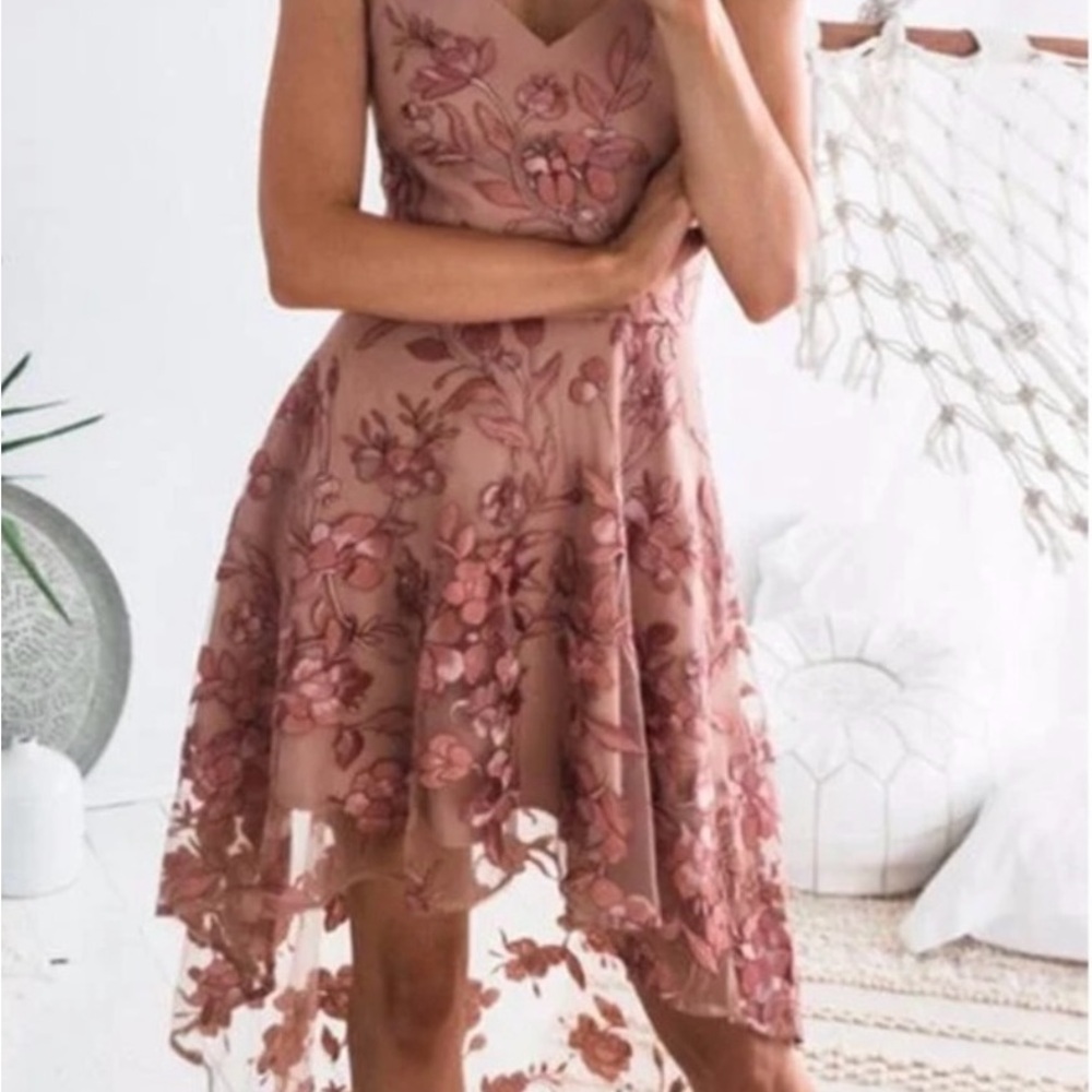 Embroidered High-Low Cocktail Dress in Dusty Rose